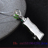 Jade Bamboo Pendant Zircon Women Amulet Necklace Chalcedony Gemstone 925 Silver