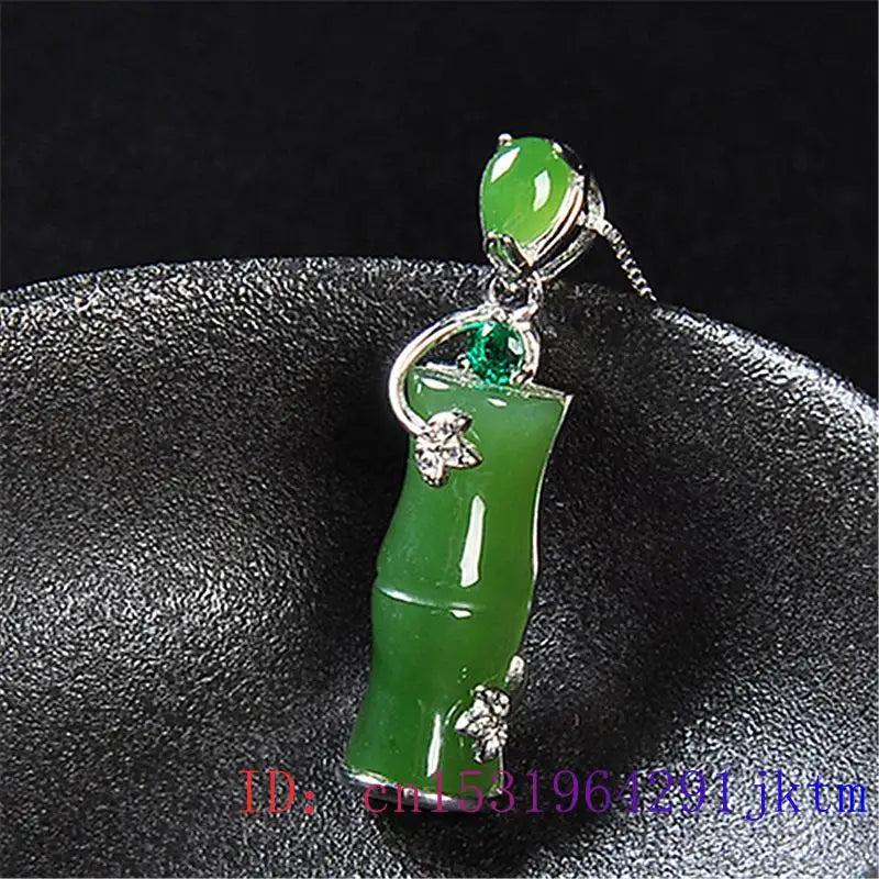 Jade Bamboo Pendant Zircon Women Amulet Necklace Chalcedony Gemstone 925 Silver