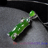 Jade Bamboo Pendant Zircon Women Amulet Necklace Chalcedony Gemstone 925 Silver