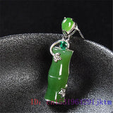 Jade Bamboo Pendant Zircon Women Amulet Necklace Chalcedony Gemstone 925 Silver