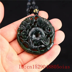 Jade Bat Pendant Necklace Natural Green Fish Carved Amulet Chinese Charm