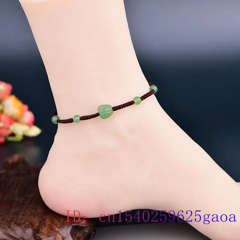 Green Jade Beaded Anklets for Women Men Vintage Stone Charms Jewelry