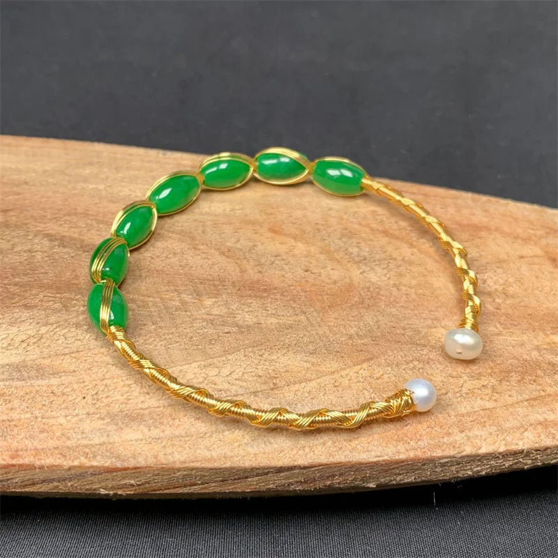 Emerald Jade Bracelet Natural Charm Jewelry 925 Silver Bangle for Women