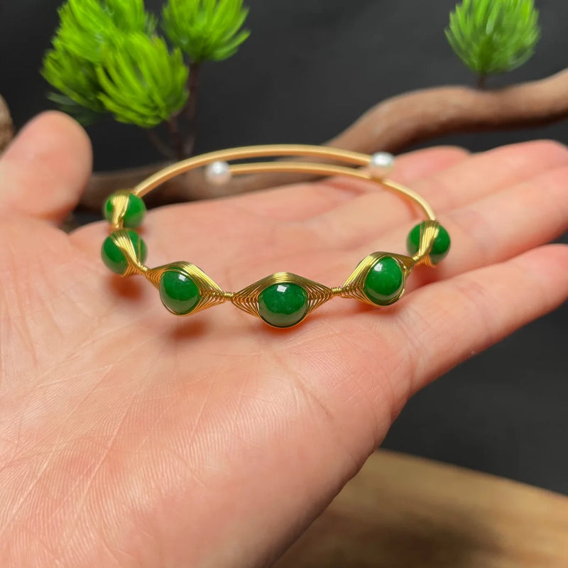 Vintage Emerald Jade Bracelet 925 Silver