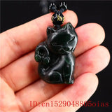 Jade Cat Pendant Necklace Chinese Charm Amulet Green Jewellery