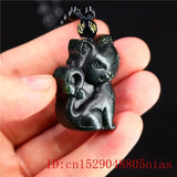 Jade Cat Pendant Necklace Chinese Charm Amulet Green Jewellery