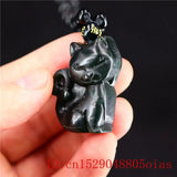 Jade Cat Pendant Necklace Chinese Charm Amulet Green Jewellery
