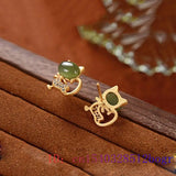 Jade Cat Stud Earrings Gemstones 925 Silver Talismans