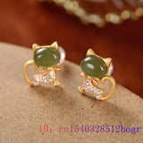 Jade Cat Stud Earrings Gemstones 925 Silver Talismans