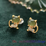 Jade Cat Stud Earrings Gemstones 925 Silver Talismans