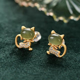 Jade Cat Stud Earrings Gemstones 925 Silver Talismans