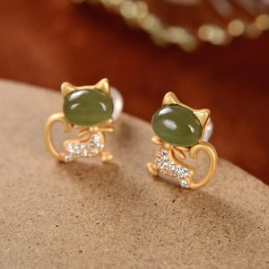 Jade Cat Stud Earrings 925 Silver Jewelry Natural Gemstone Charms