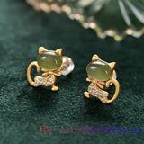 Jade Cat Stud Earrings 925 Silver Jewelry Natural Gemstone Charms