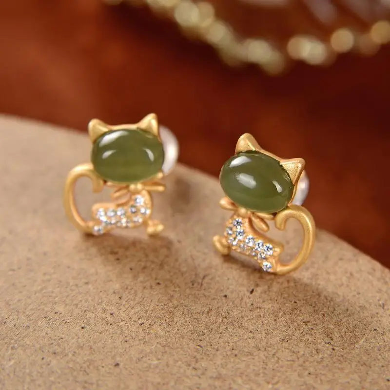 Jade Cat Stud Earrings 925 Silver Jewelry Natural Gemstone Charms