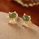 Jade Cat Stud Earrings 925 Silver Jewelry Natural Gemstone Charms