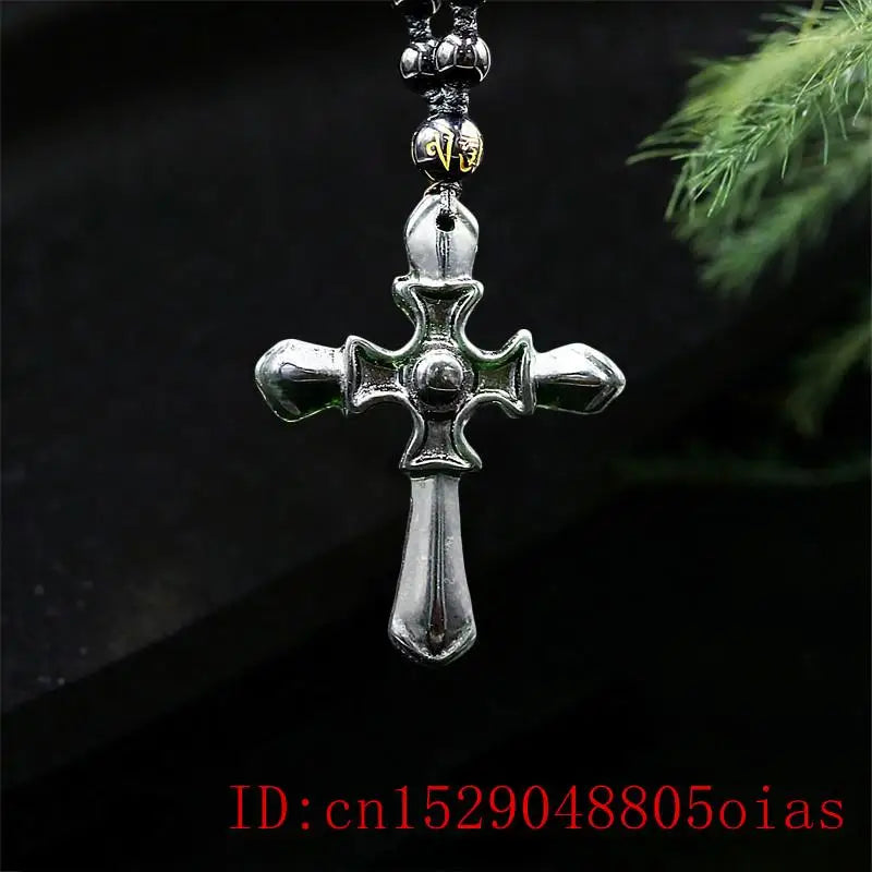 Green Jade Cross Pendant Necklace Chinese Amulet Charm