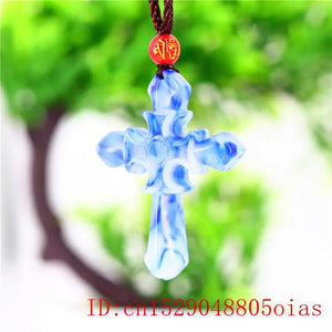 Jade Cross Pendant Necklace Natural Jadeite Chinese Charm Carved
