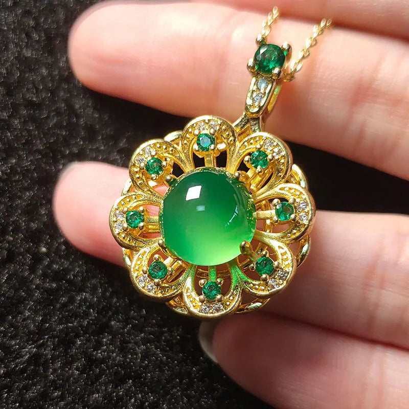 Jade Crystal Pendant Necklace 18K Plated Chain Flower Gemstone