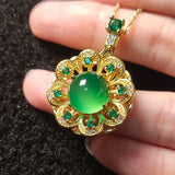 Jade Crystal Pendant Necklace 18K Plated Chain Flower Gemstone