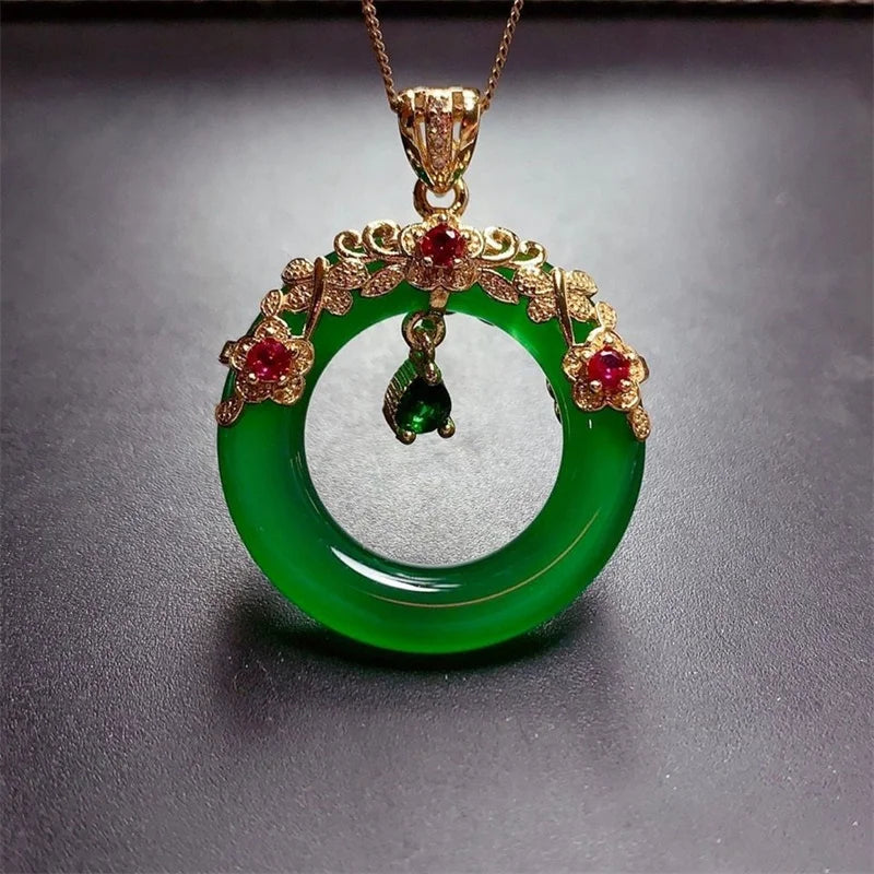 Jade Crystal Pendant Necklace 18K Plated Charm Dainty Gemstone