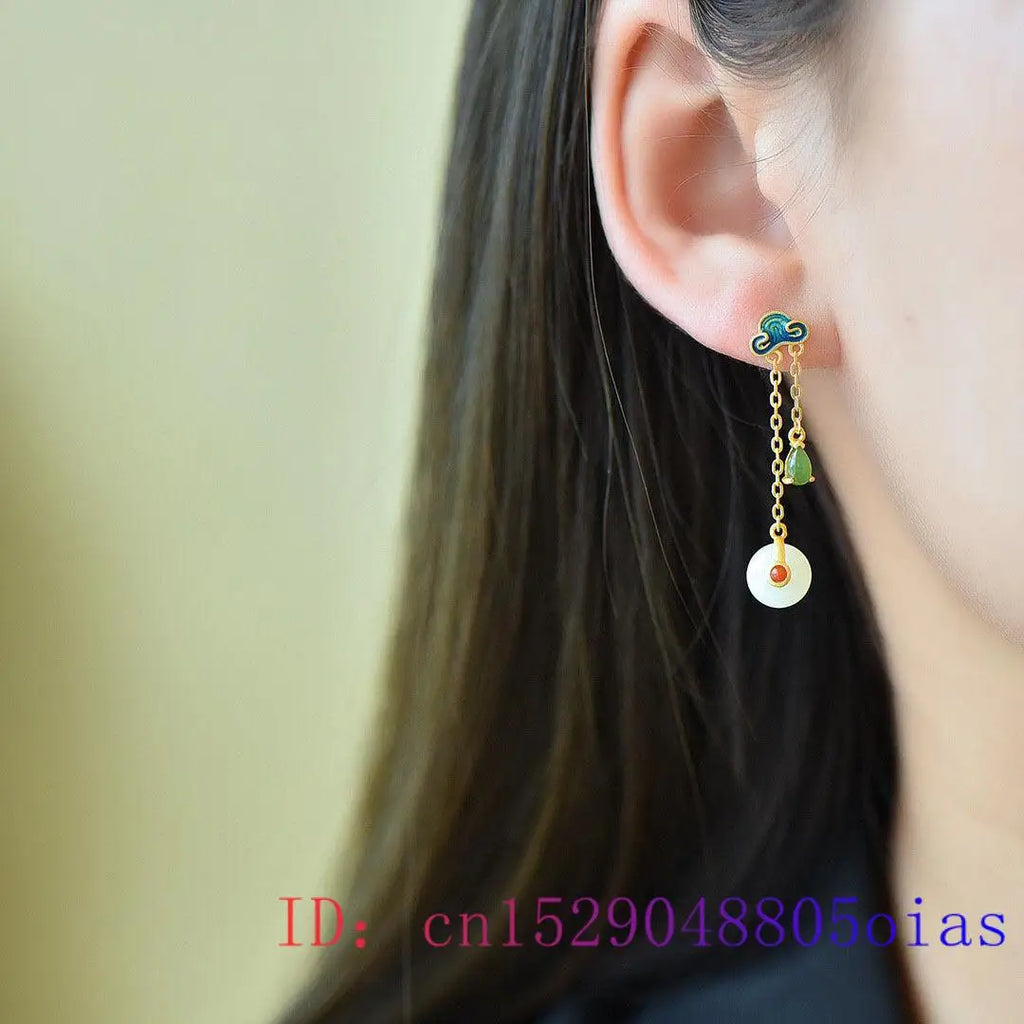 Jade Donut Stud Earrings Vintage Natural Charm Gemstone 925 Silver