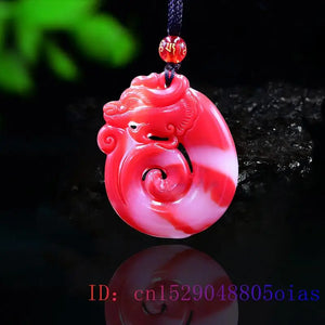 Jade Dragon Pendant Carved Necklace Chinese Charm Amulet Jadeite Red