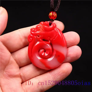 Jade Dragon Pendant Carved Necklace Chinese Charm Amulet Jadeite Red