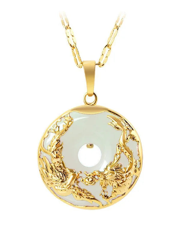 Jade Dragon Phoenix Necklace Pendant 925 Silver Stone Talisman