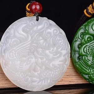 Jade Dragon Phoenix Pendant Green Jadeite Necklace Amulet