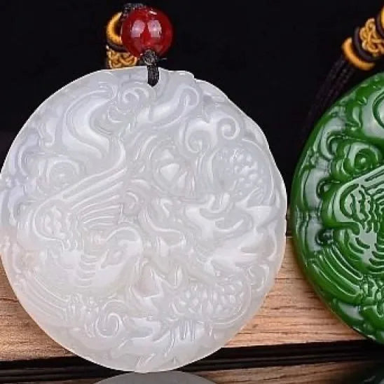 Jade Dragon Phoenix Pendant Green Jadeite Necklace Amulet