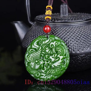 Jade Dragon Phoenix Pendant Green Jadeite Necklace Amulet