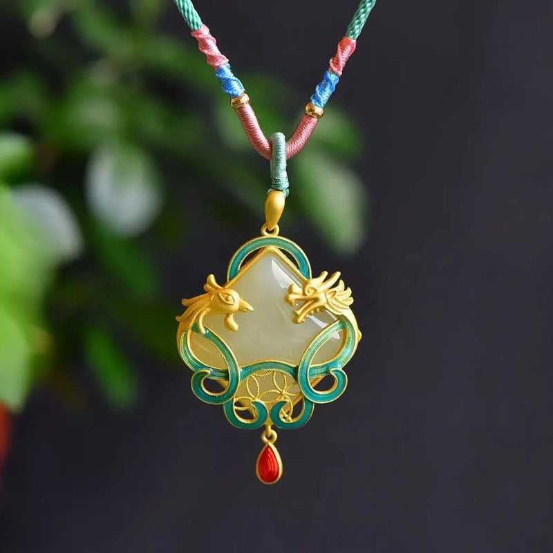 Jade Dragon Phoenix Pendant Necklace 925 Silver Chalcedony Chinese Jewelry