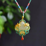 Jade Dragon Phoenix Pendant Necklace 925 Silver Chalcedony Chinese Jewelry