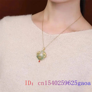 Jade Dragon Phoenix Pendant Necklace 925 Silver Chalcedony Chinese Jewelry