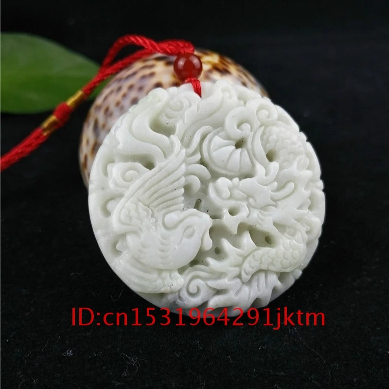 Jade Dragon Phoenix Pendant Necklace Chinese Carved Men Jewelry Charm