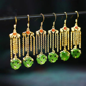 Jade Earrings for Women Carved Amulet 925 Silver Talismans Green Charm