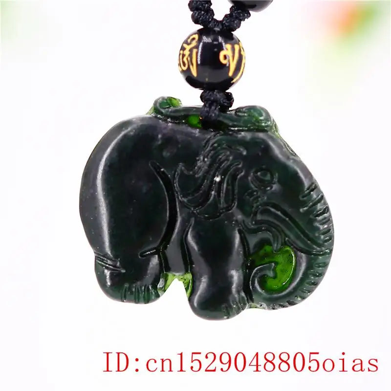 Jade Elephant Pendant Green Amulet Chinese Necklace Charm Carved Jewellery
