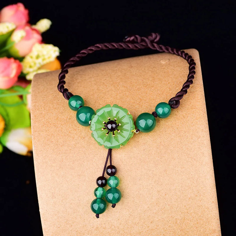 Jade Flower Anklets Women Men Charms Gemstone Jewelry Vintage Green