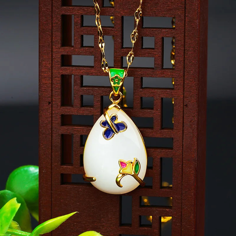 Jade Flower Pendant Amulet Natural Necklace Hetian Chinese Women 925 Silver Chal