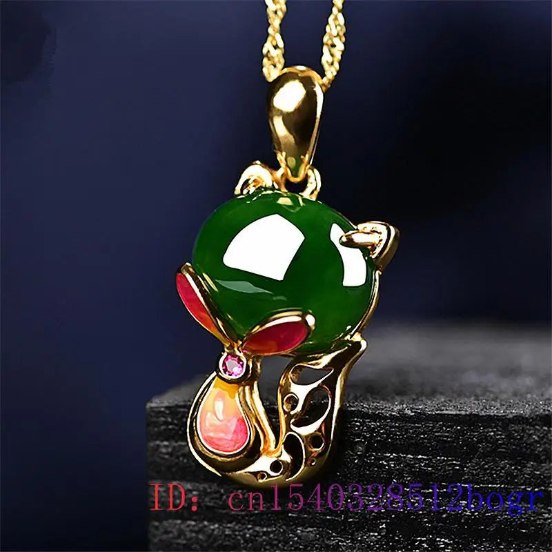 Jade Fox Pendant Chalcedony Amulet Agate Necklace 925 Silver Jewelry