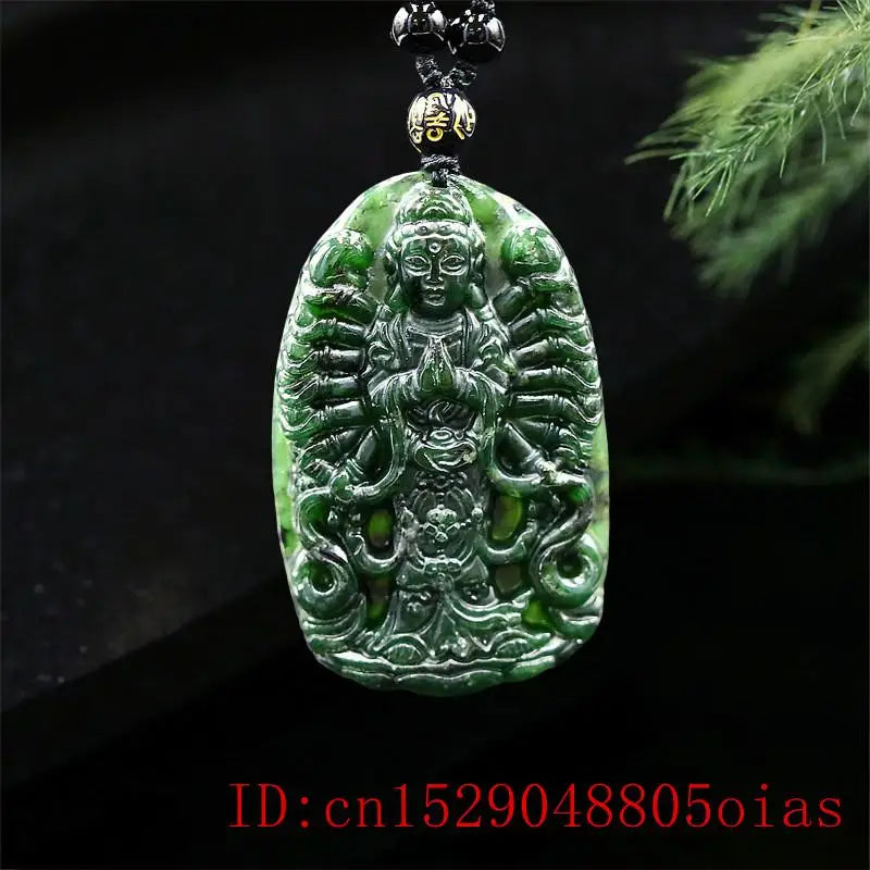 Green Jade Guanyin Pendant Necklace Chinese Amulet Carved Green Charm