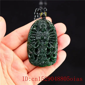 Green Jade Guanyin Pendant Necklace Chinese Amulet Carved Green Charm