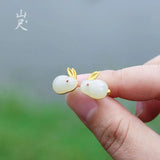 Natural Hetian Jade Hare Rabbit Stud Earrings 925 Sterling Silver