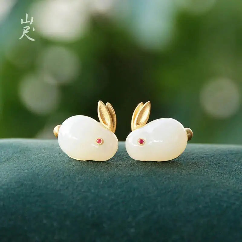 Natural Hetian Jade Hare Rabbit Stud Earrings 925 Sterling Silver