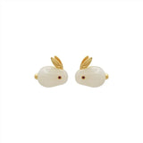 Natural Hetian Jade Hare Rabbit Stud Earrings 925 Sterling Silver