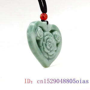 Jade Heart Pendant Necklace Chinese Flower Stone Jewelry Natural Amulet