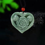 Jade Heart Pendant Necklace Chinese Flower Stone Jewelry Natural Amulet