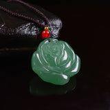 Jade Rose Flower Charm Pendant Necklace with Braided Rope