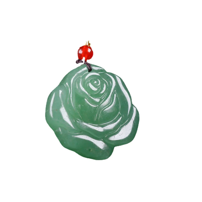 Jade Rose Flower Charm Pendant Necklace with Braided Rope