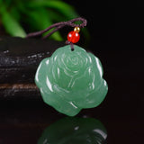 Jade Rose Flower Charm Pendant Necklace with Braided Rope
